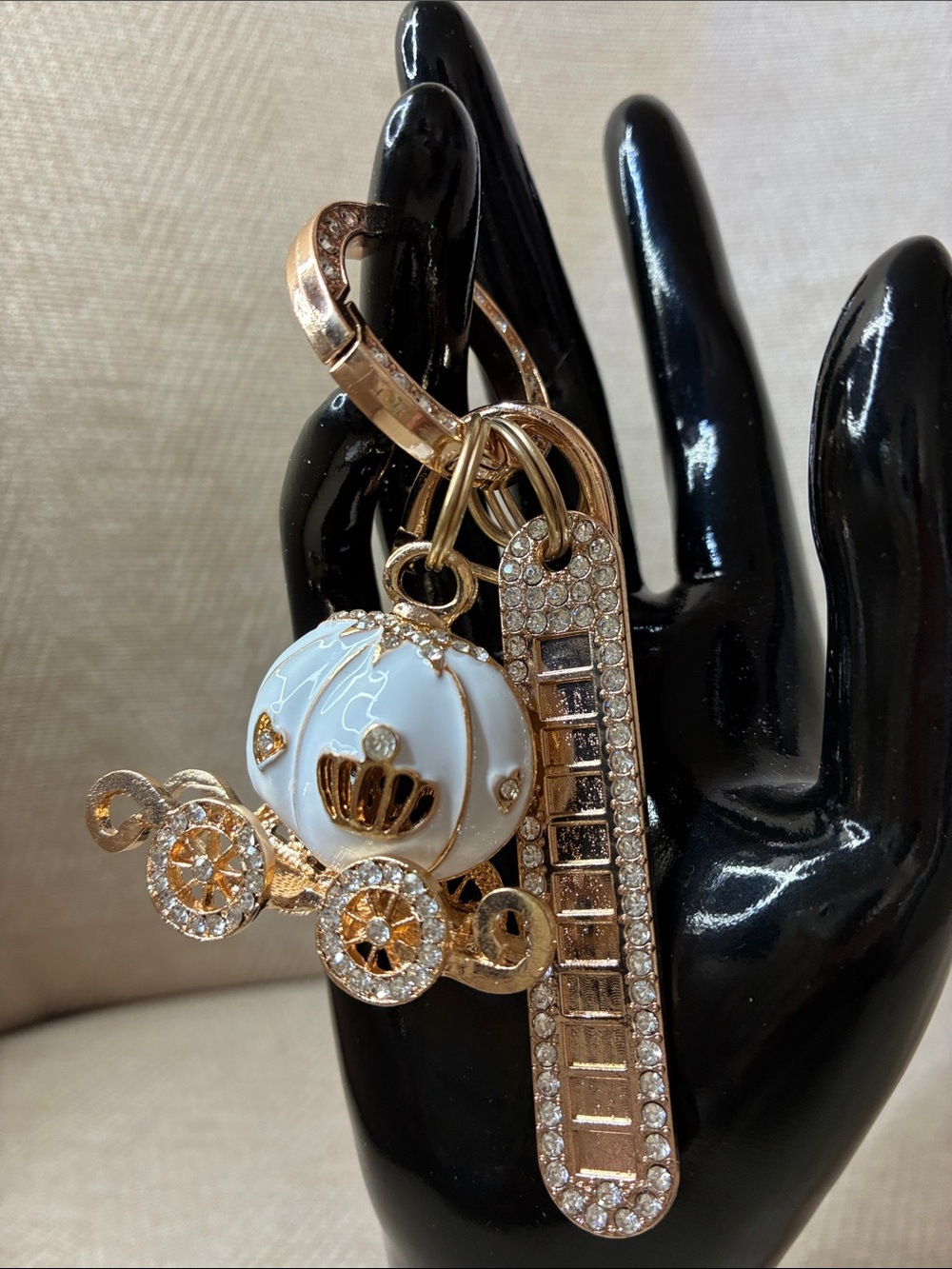 Gold & White Crystal Cinderella Carriage Keychain